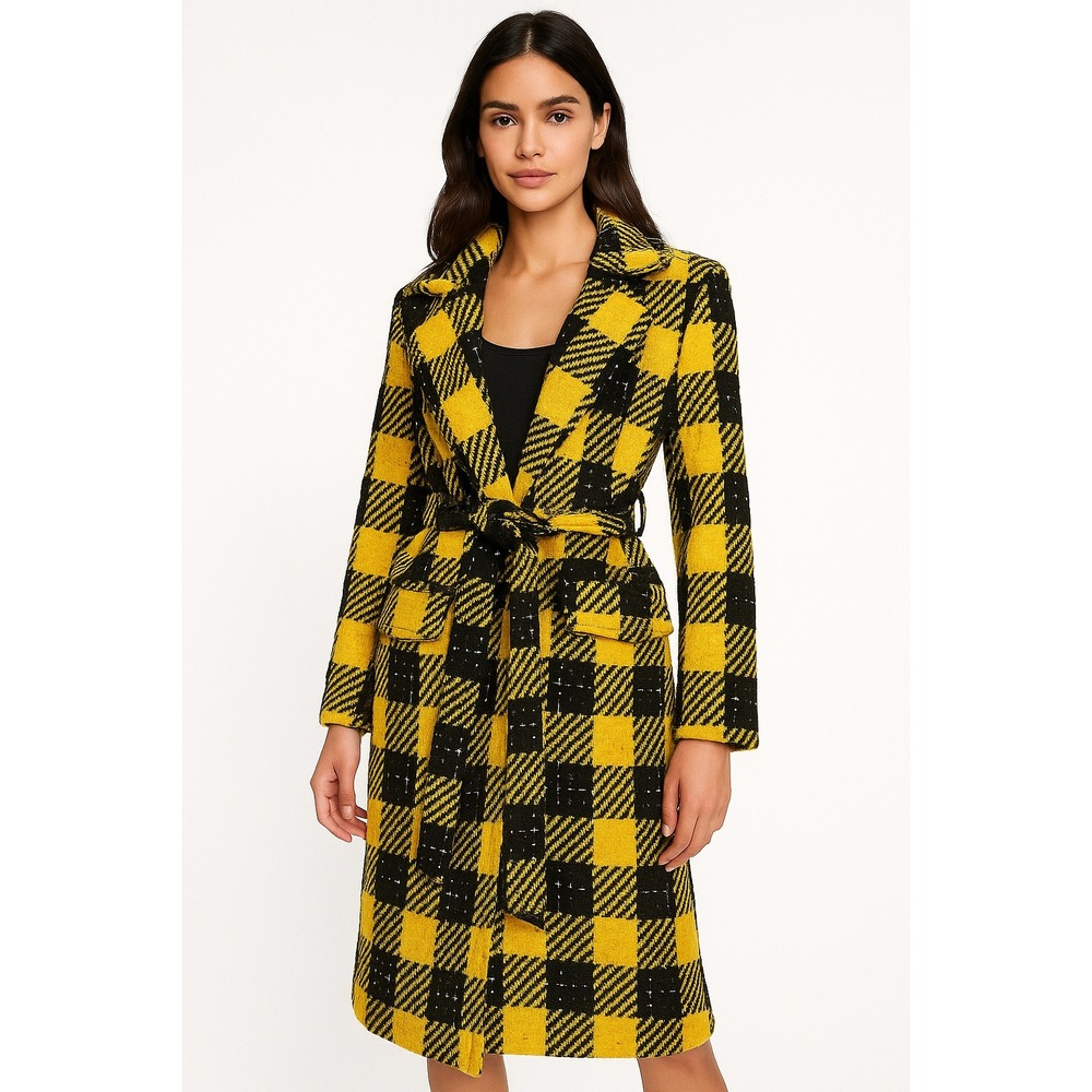 Lovers + Friends Sabra Yellow Black Plaid Belted Long Coat Women's XS